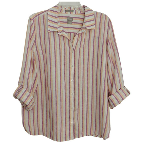 Chico's No Iron Linen Metallic Button Front Shirt Size XL / 3 Roll Tab Sleeves - Picture 2 of 11